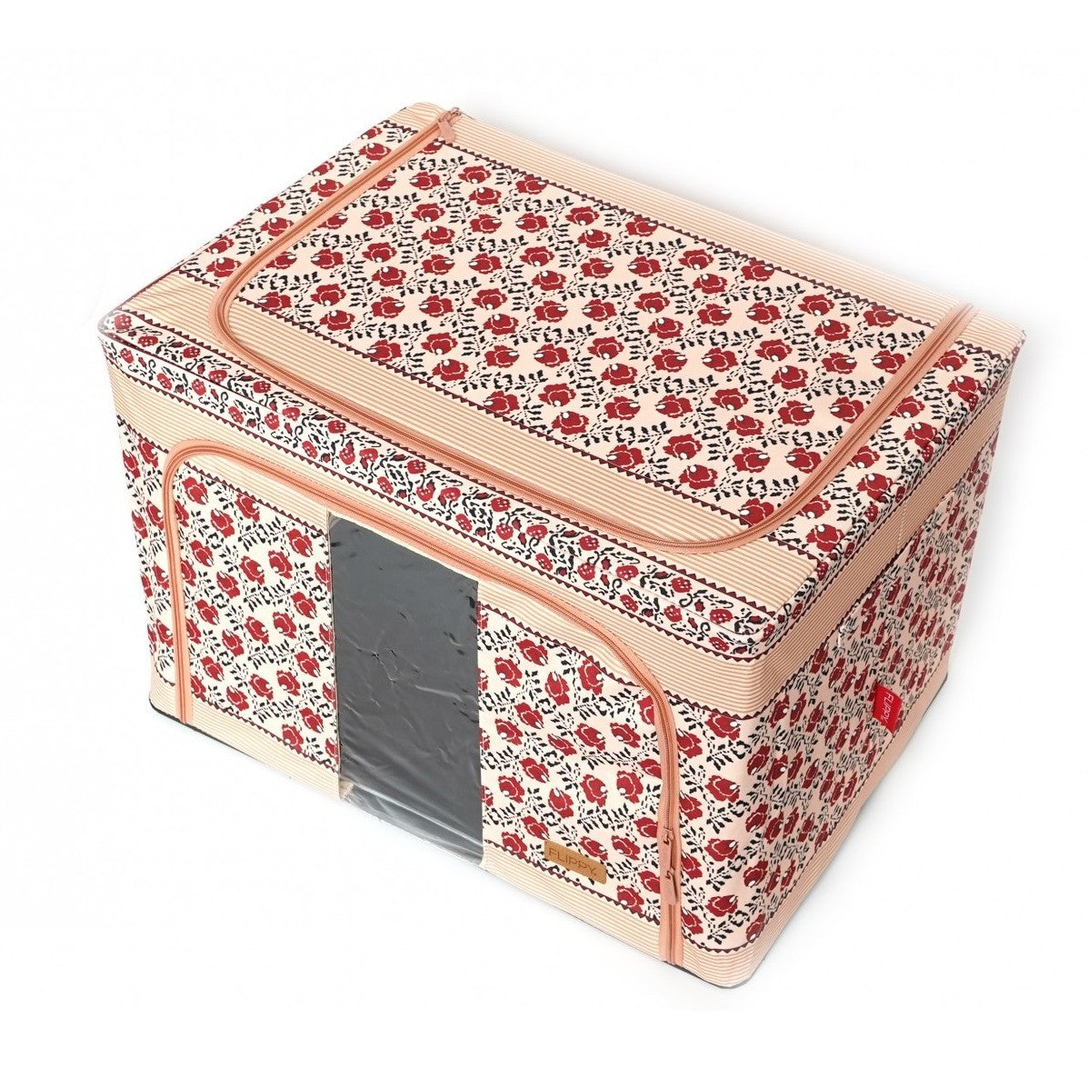 Cutie de Depozitare Pliabila, 66 L din Bumbac si In, 52 x 42 x 39 cm, Fereastra Frontala, 2 Usi de Acces cu Fermoar Bidirectional, Cadru Metalic, Suport Baza Stabil din Plastic, Motiv Traditional Model 7
