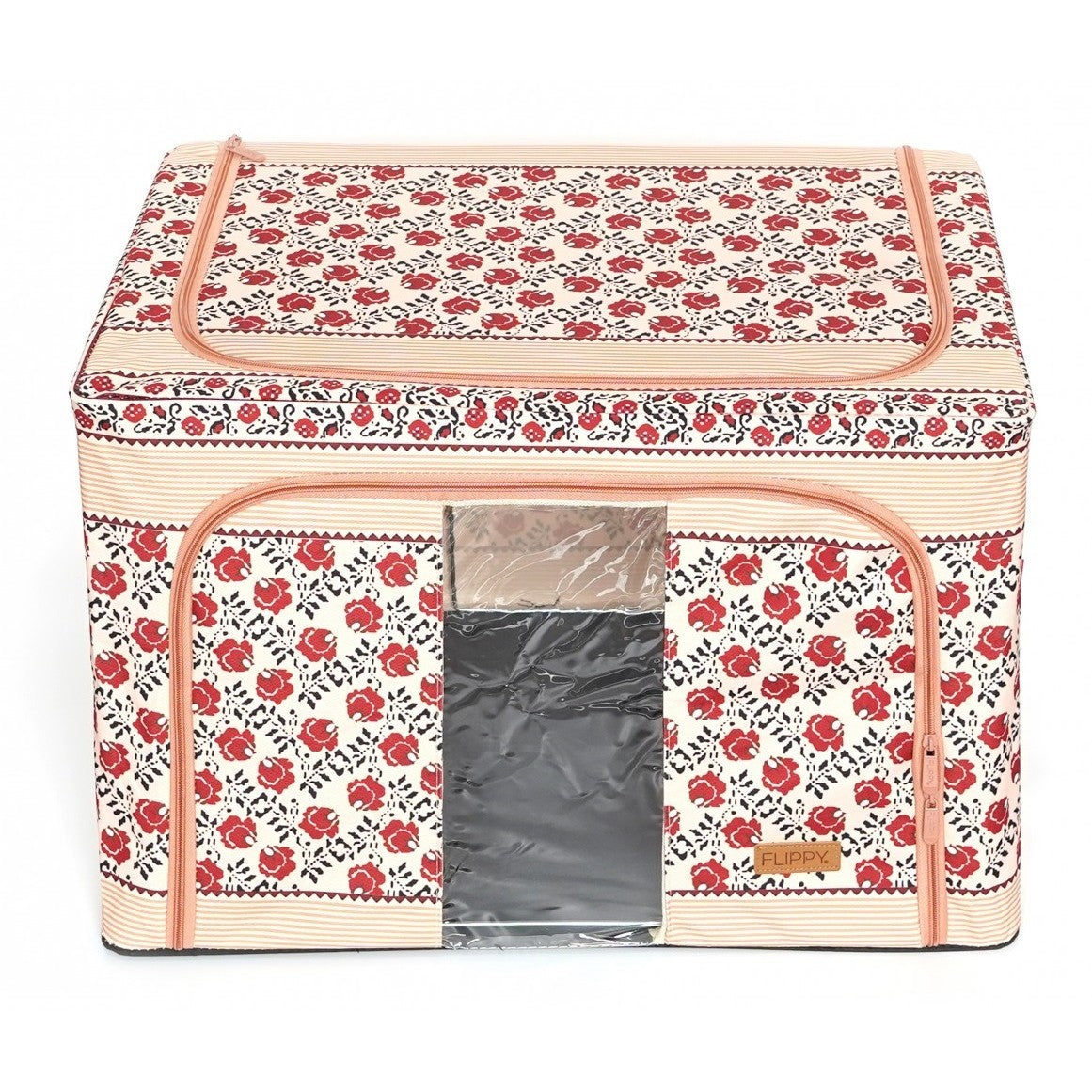 Cutie de Depozitare Pliabila, 66 L din Bumbac si In, 52 x 42 x 39 cm, Fereastra Frontala, 2 Usi de Acces cu Fermoar Bidirectional, Cadru Metalic, Suport Baza Stabil din Plastic, Motiv Traditional Model 7
