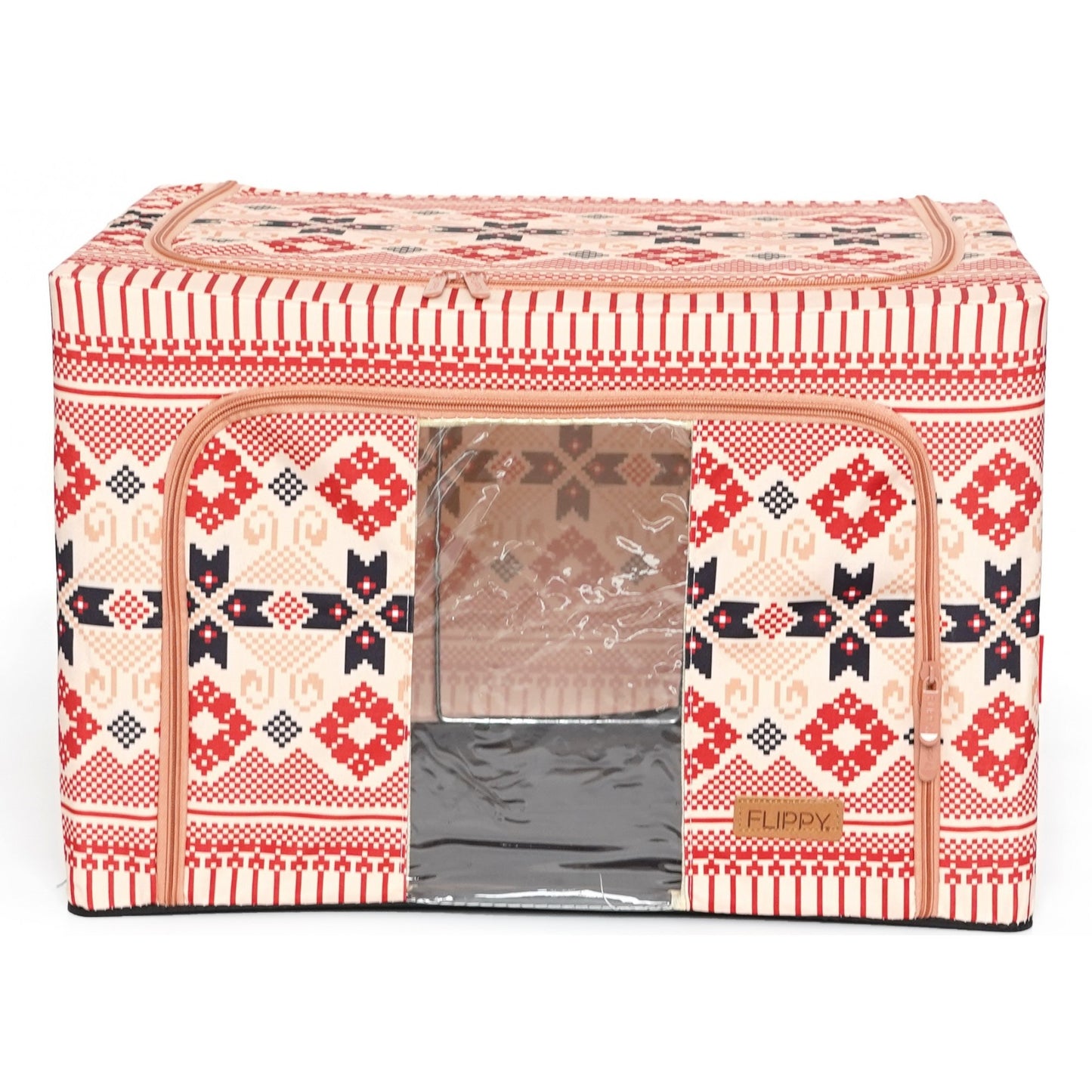 Cutie de Depozitare Pliabila, 66 L din Bumbac si In, 52 x 42 x 39 cm, Fereastra Frontala, 2 Usi de Acces cu Fermoar Bidirectional, Cadru Metalic, Suport Baza Stabil din Plastic, Motiv Traditional Model 5