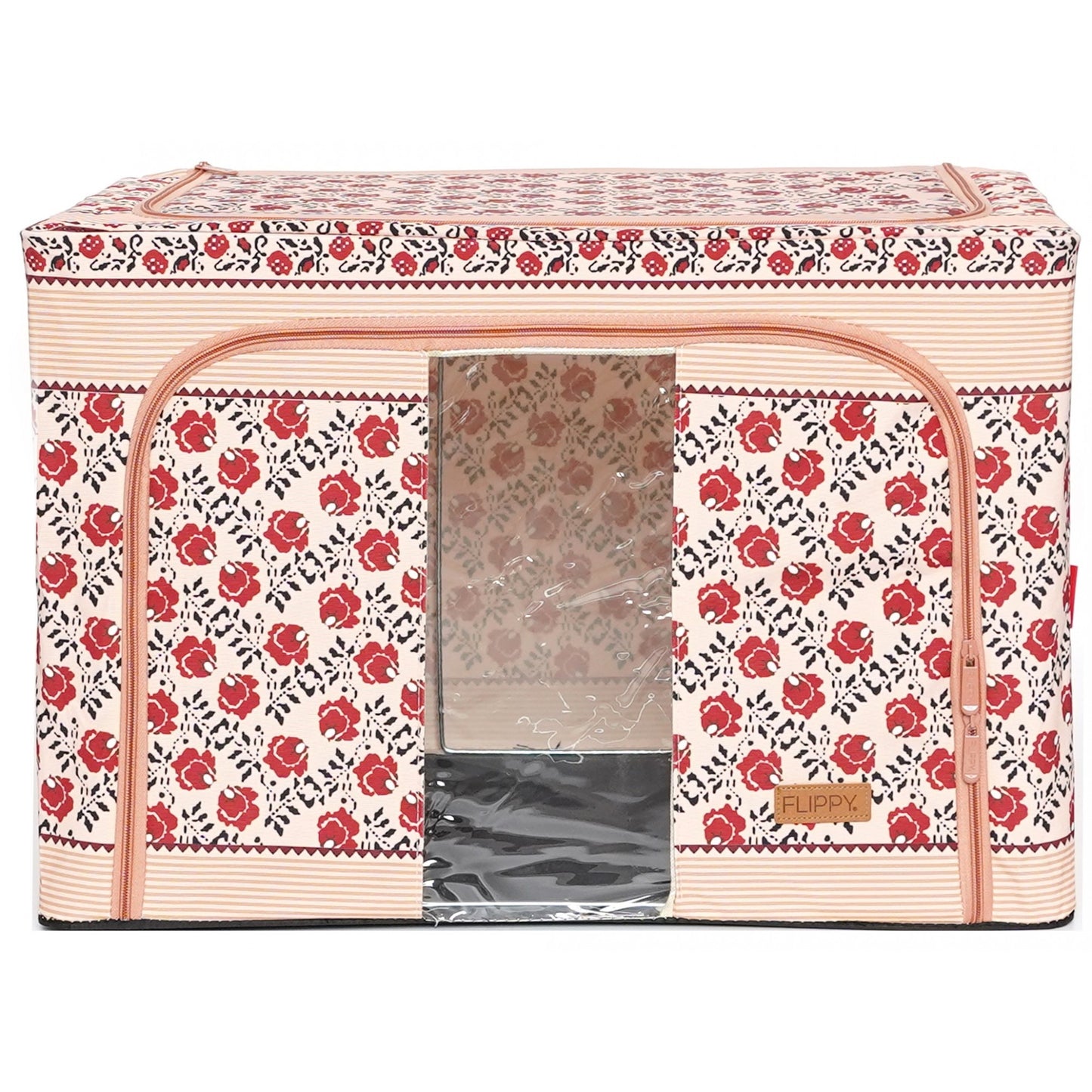 Cutie de Depozitare Pliabila, 66 L din Bumbac si In, 52 x 42 x 39 cm, Fereastra Frontala, 2 Usi de Acces cu Fermoar Bidirectional, Cadru Metalic, Suport Baza Stabil din Plastic, Motiv Traditional Model 7