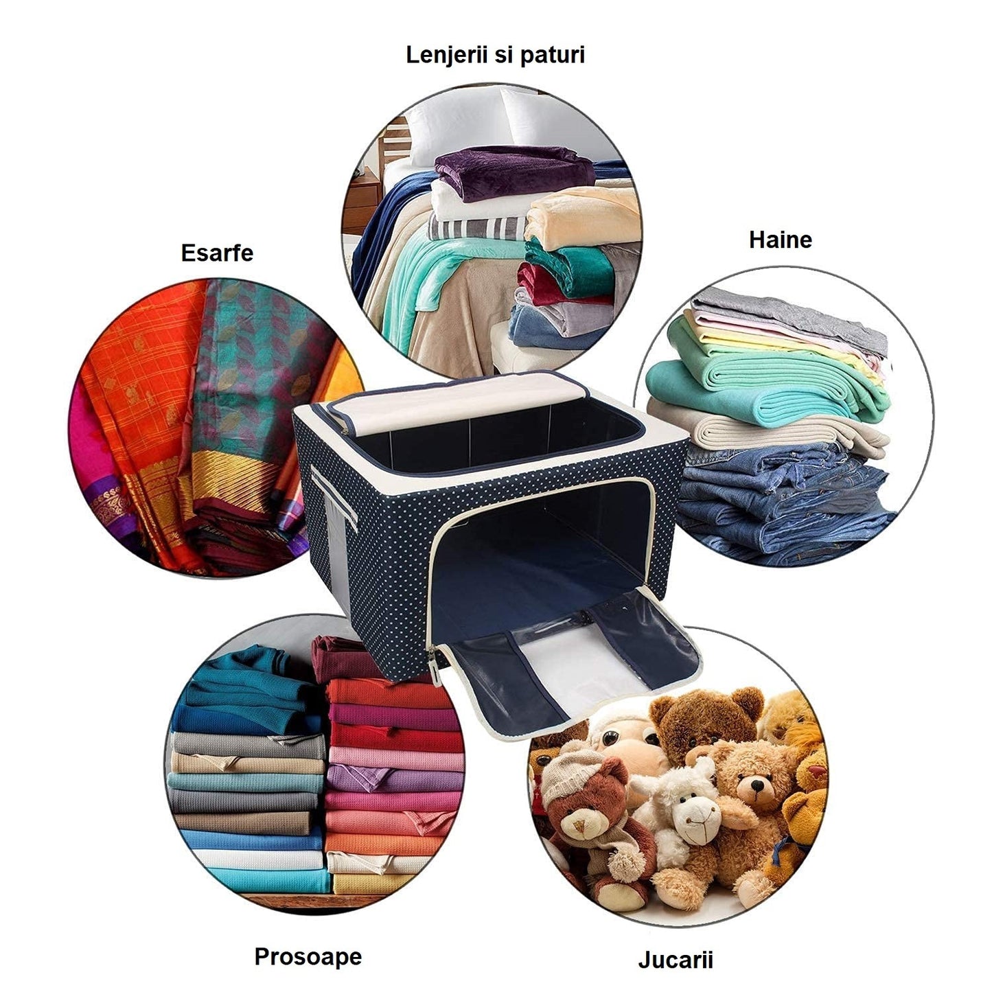 Cutie de depozitare pliabila cu fermoar 100L material textil 60x42x40cm Imprimeu Buline Albastru Marin