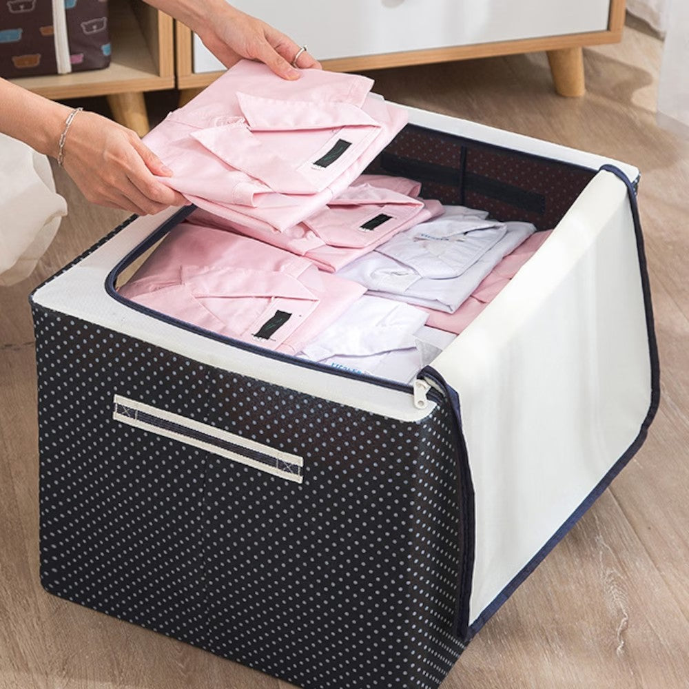 Cutie de depozitare pliabila cu fermoar 100L material textil 60x42x40cm Imprimeu Buline Albastru Marin