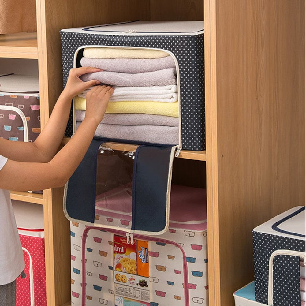 Cutie de depozitare pliabila cu fermoar 100L material textil 60x42x40cm Imprimeu Buline Albastru Marin