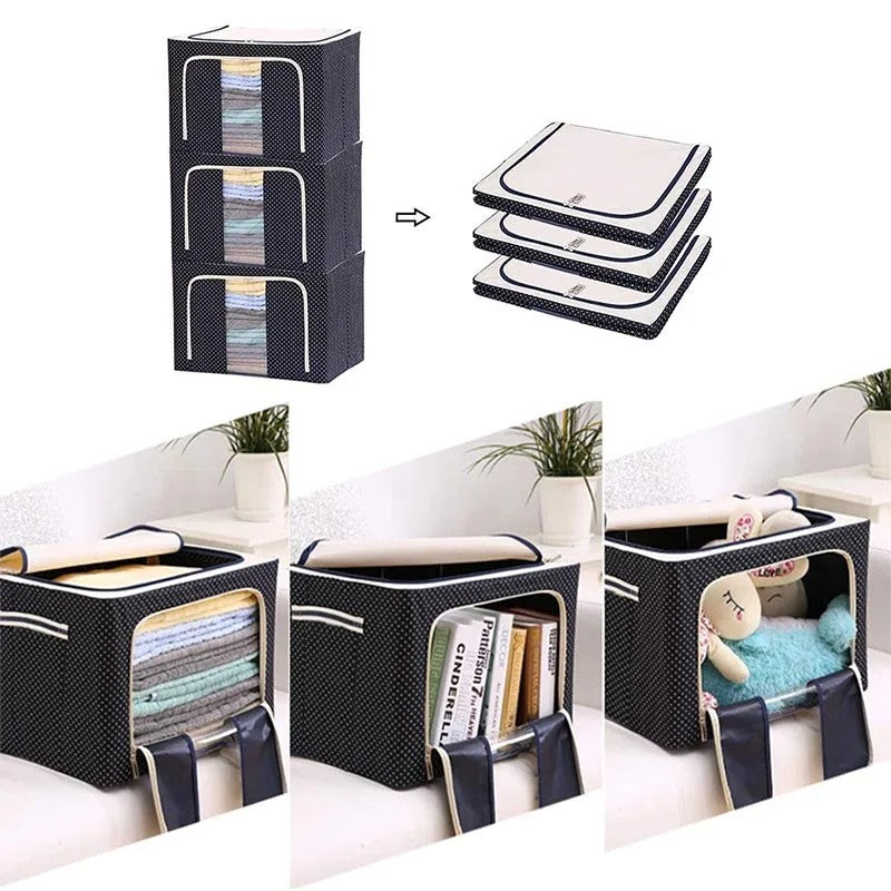 Cutie de depozitare pliabila cu fermoar 100L material textil 60x42x40cm Imprimeu Buline Albastru Marin
