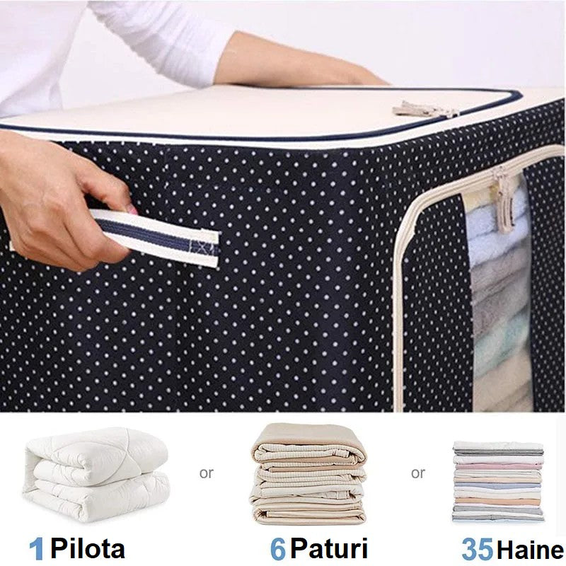 Cutie de depozitare pliabila cu fermoar 100L material textil 60x42x40cm Imprimeu Buline Albastru Marin