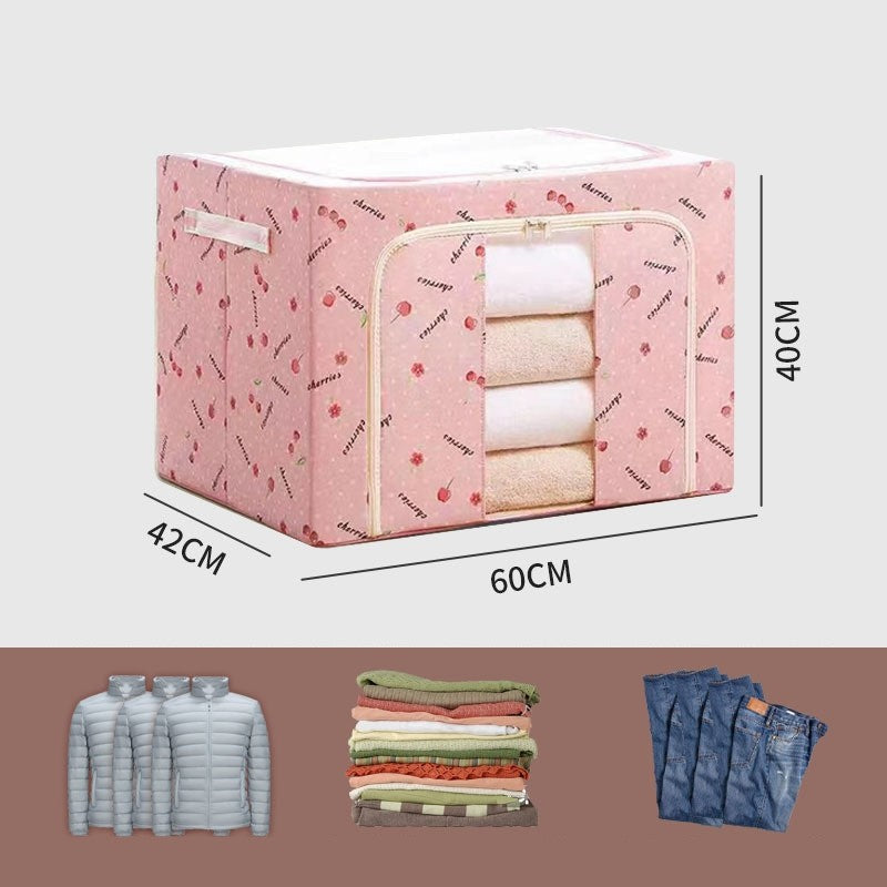 Cutie de depozitare pliabila cu fermoar 100L material textil 60x42x40cm Imprimeu Cireșe Roz