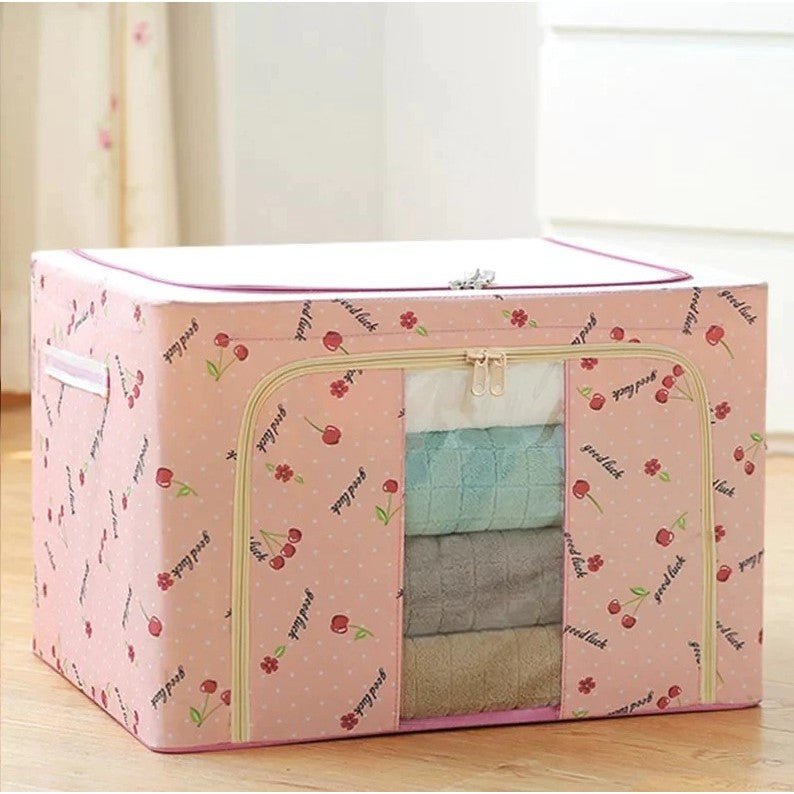 Cutie de depozitare pliabila cu fermoar 100L material textil 60x42x40cm Imprimeu Cireșe Roz