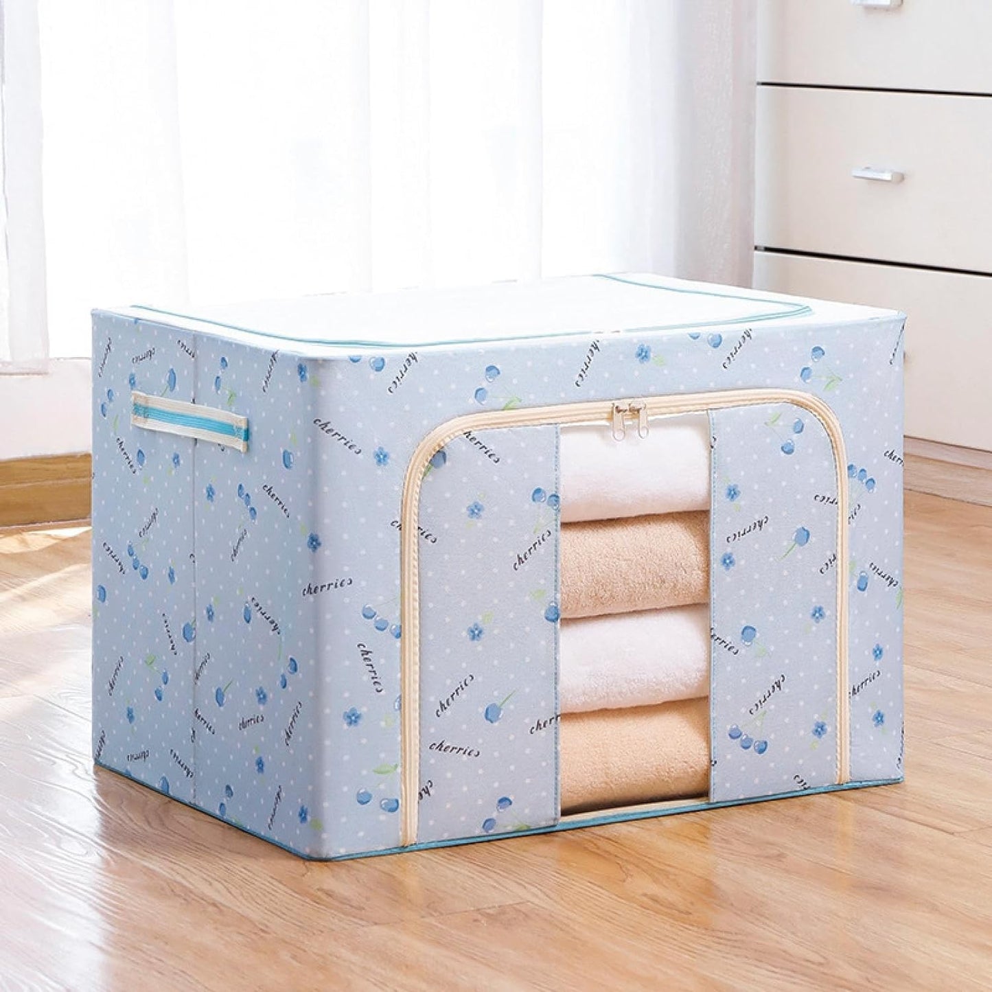 Cutie de depozitare pliabila cu fermoar 100L material textil 60x42x40cm Imprimeu Cireșe Albastru