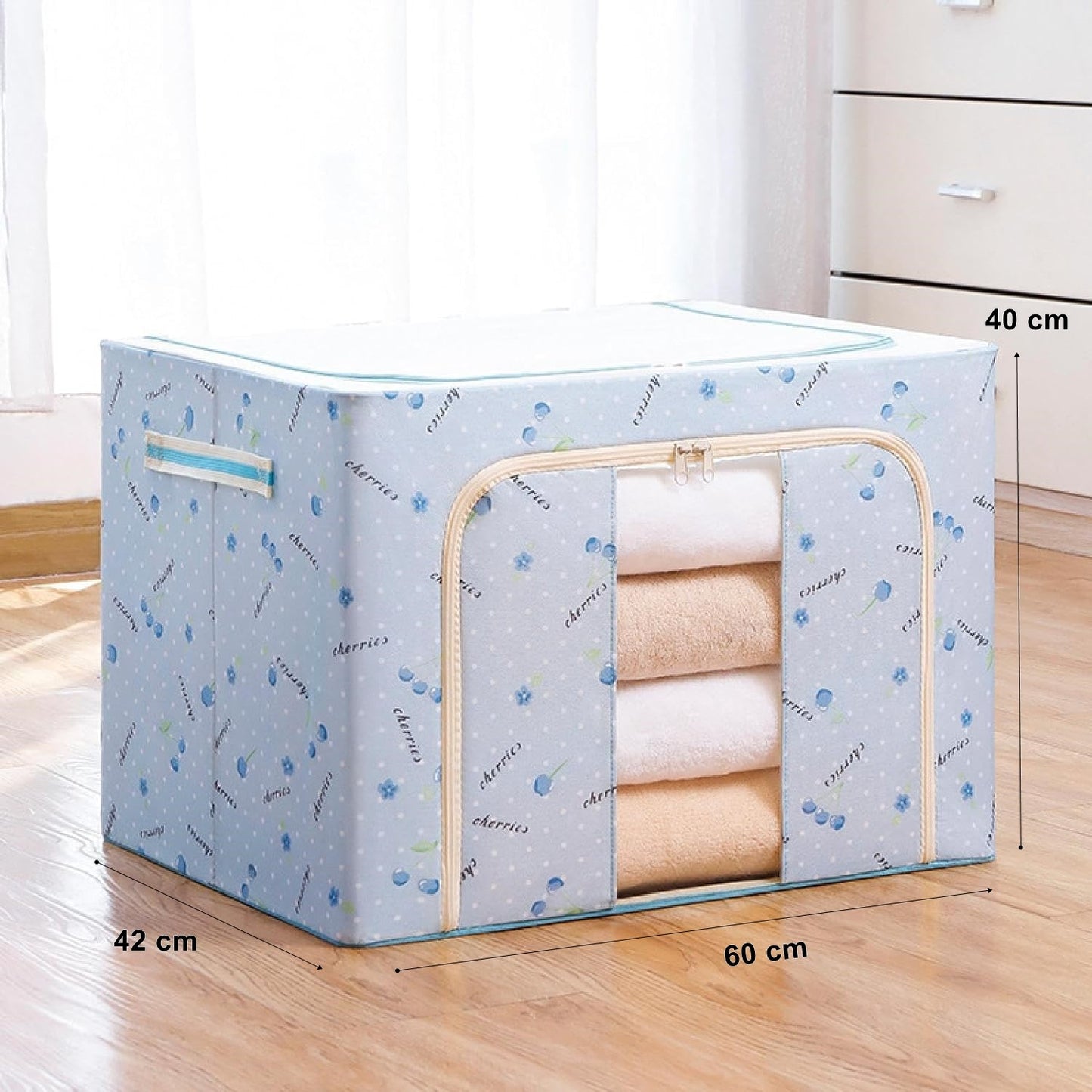 Cutie de depozitare pliabila cu fermoar 100L material textil 60x42x40cm Imprimeu Cireșe Albastru