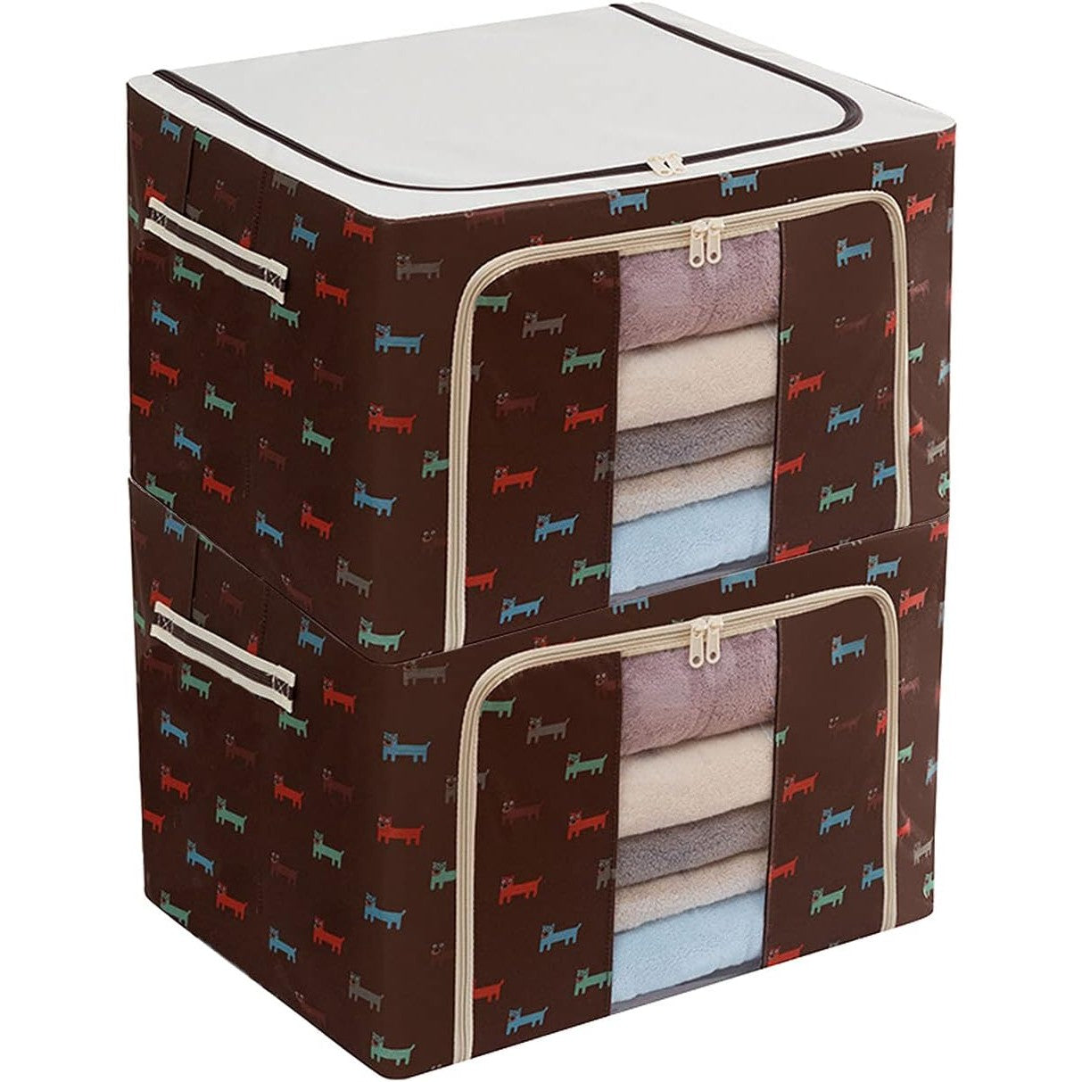Cutie de depozitare pliabila cu fermoar 100L material textil 60x42x40cm Imprimeu Cățeluș Maro