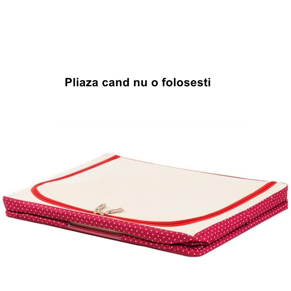 Cutie de depozitare pliabila cu fermoar 100L material textil 60x42x40cm Imprimeu Buline ROSU