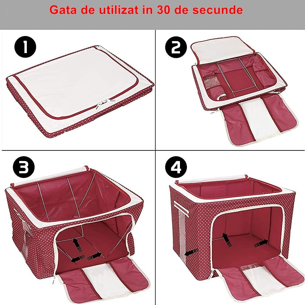 Cutie de depozitare pliabila cu fermoar 100L material textil 60x42x40cm Imprimeu Buline ROSU