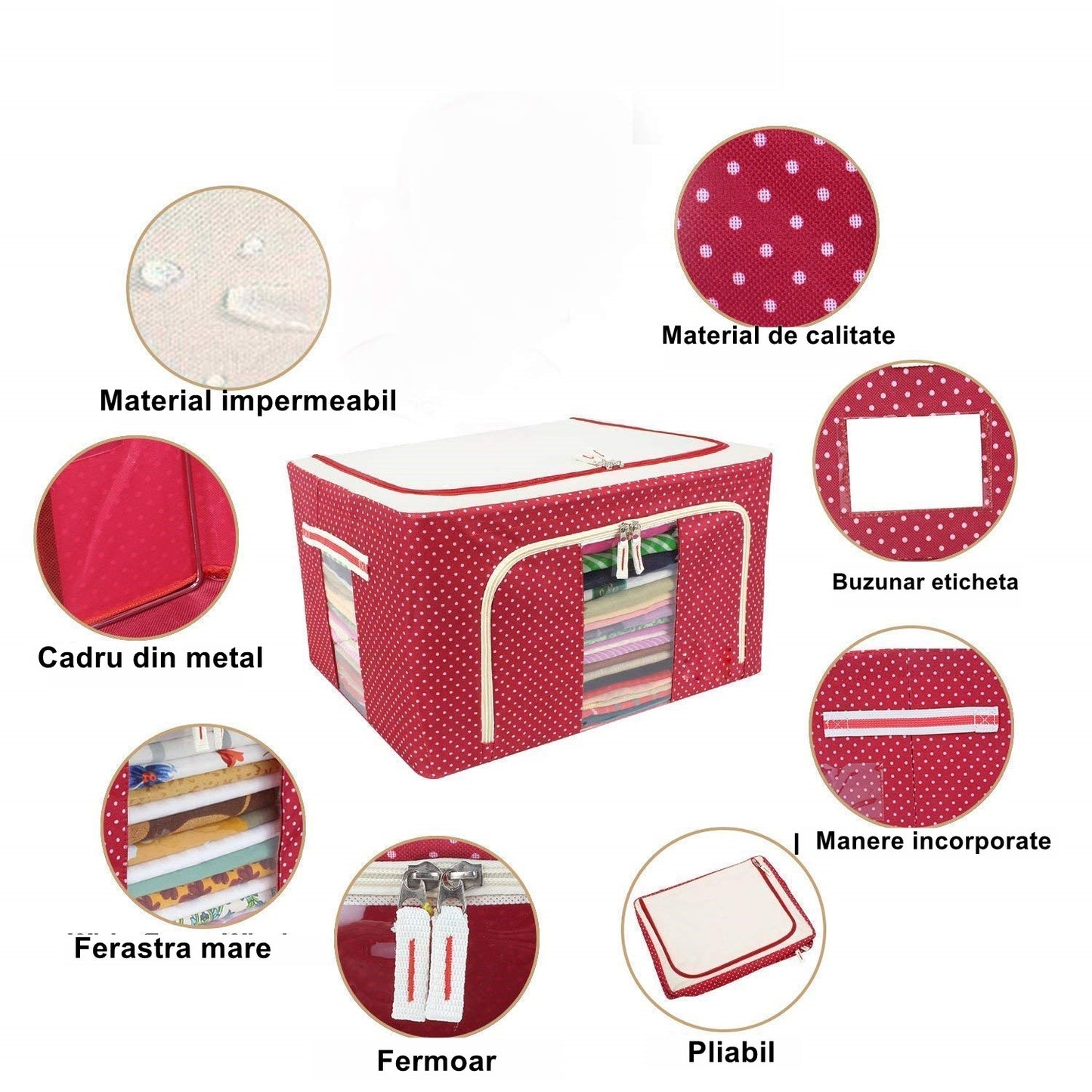 Cutie de depozitare pliabila cu fermoar 100L material textil 60x42x40cm Imprimeu Buline ROSU