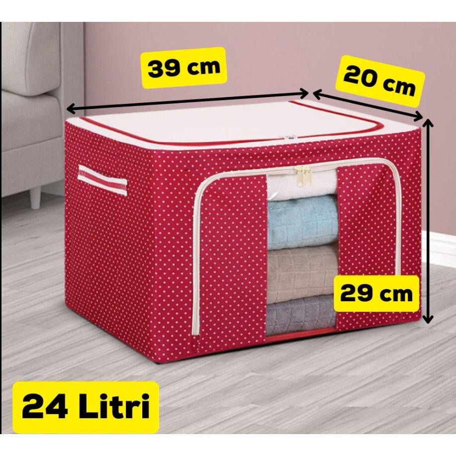Cutie de depozitare pliabila, 24L, din bumbac si in 40x30x20cm , 2 ferestre , frontală si laterala IMPRIMEU BULINE, ROSU