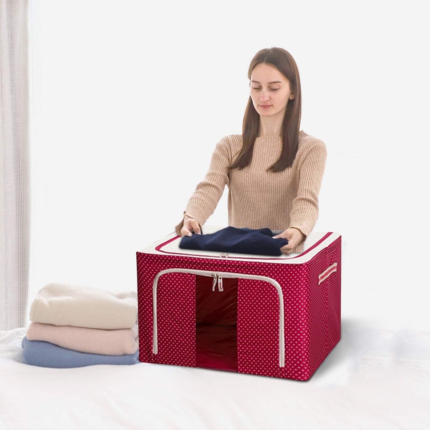 Cutie de depozitare pliabila, 24L, din bumbac si in 40x30x20cm , 2 ferestre , frontală si laterala IMPRIMEU BULINE, ROSU