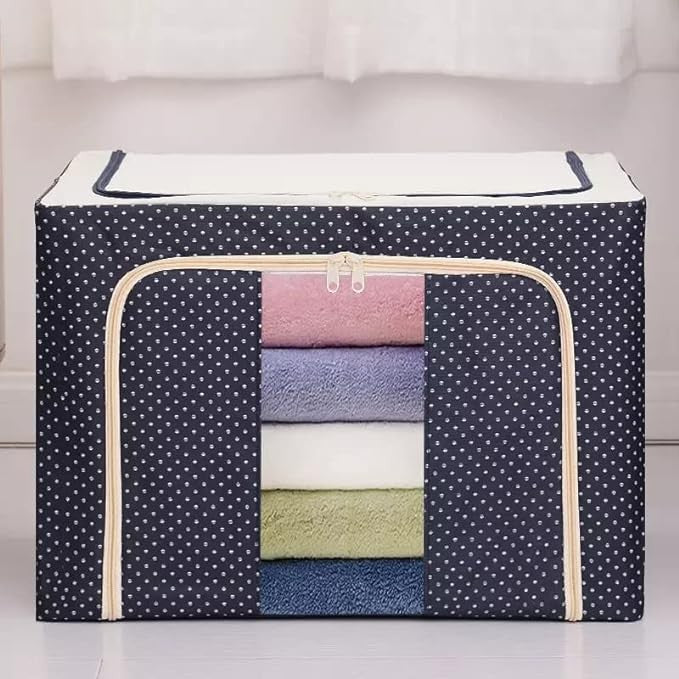 Cutie de depozitare pliabila, 66L din bumbac 50x40x33 cm Imprimeu Buline Albastru Marin