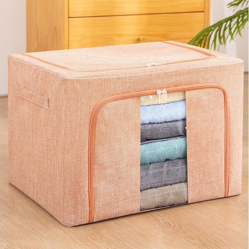 Cutie de depozitare pliabila, Cu fermoar, 66 L, Textil, 50x40x33 cm, Cadru Metalic, Suport Baza Stabil din Plastic, Roz pudrat