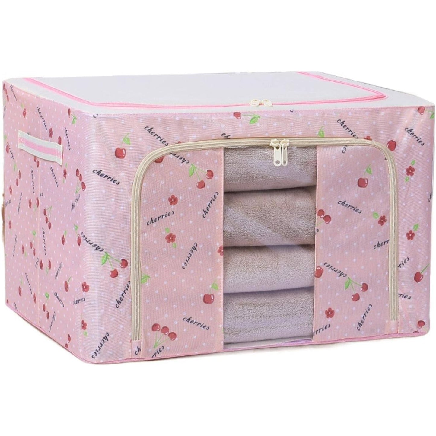 Cutie de depozitare pliabila, 66L din bumbac 50x40x33 cm Imprimeu Cireșe Roz