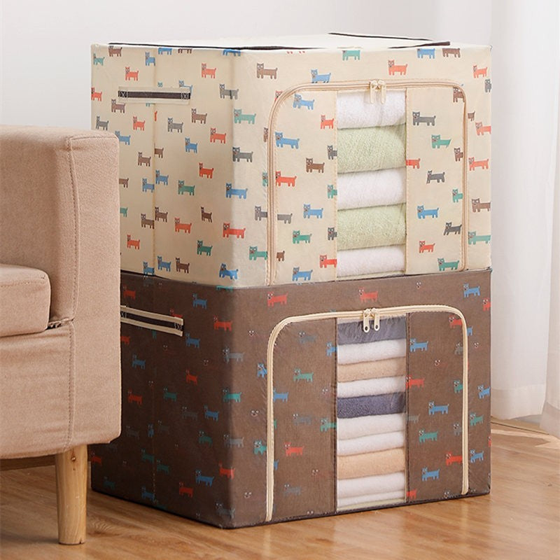 Cutie de depozitare pliabila, 24L, din bumbac si in 40x30x20cm , 2 ferestre , frontală si laterala IMPRIMEU CATELUS, BEJ