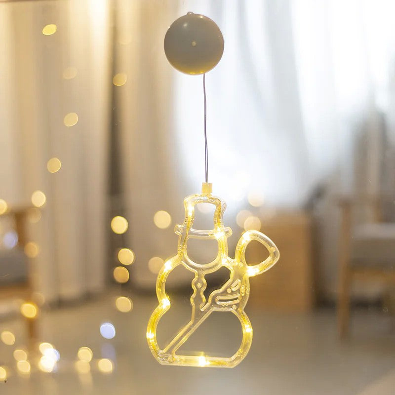 Figurina cu luminite decorative de Craciun in forma de Om de zapada si ventuza pentru geam