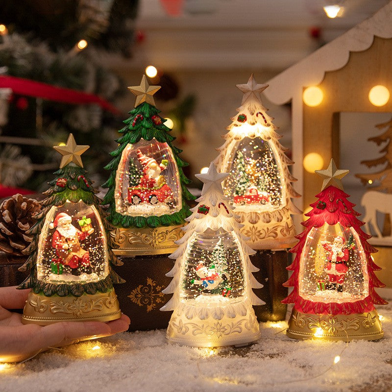 Decoratiune de Craciun tip Brad, Glob de Cristal cu Fulgi de Zapada, Iluminare LED, 16 cm