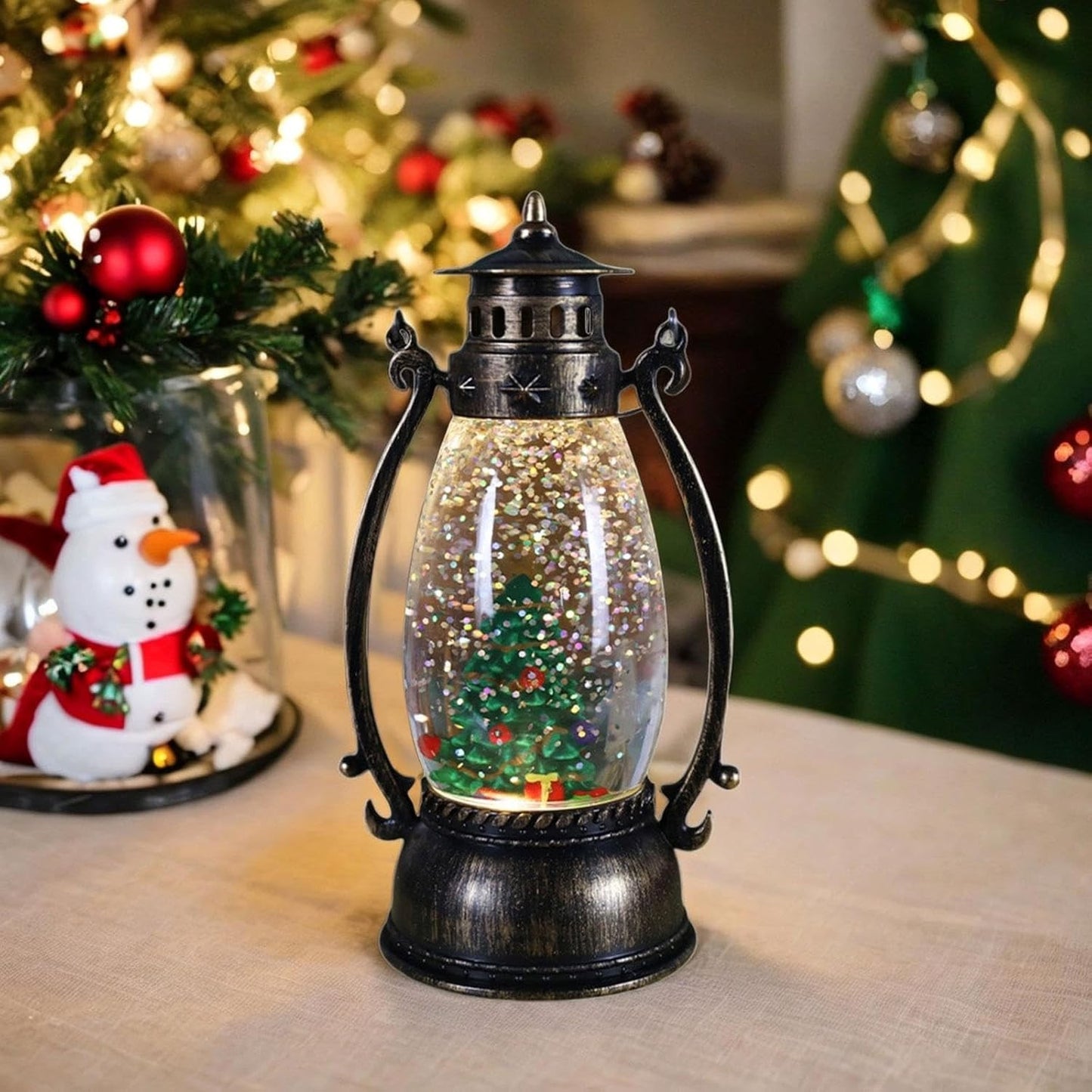Decorațiune Crăciun, Felinar cu LED, Model Lampă cu Ulei, Brad de Crăciun, cu Mâner, 14 cm