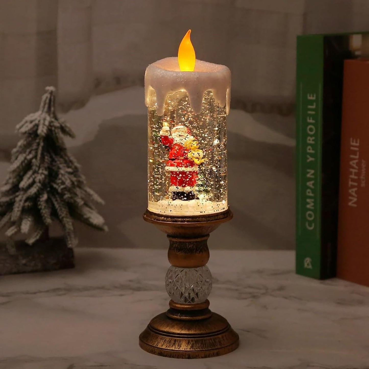 Decorațiune Luminoasă Lampă de Crăciun, Model Sfesnic cu Lumânare și Moș Crăciun