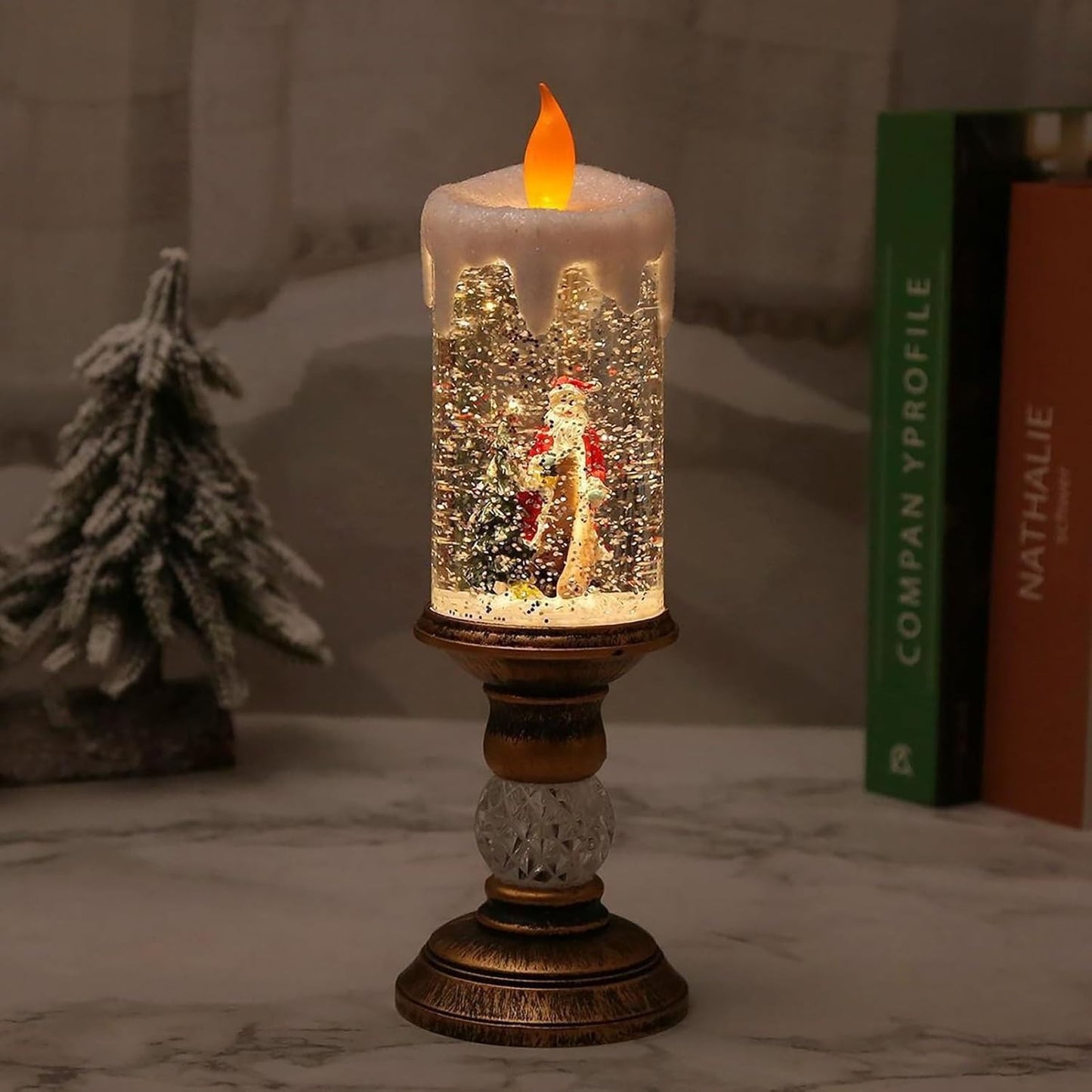 Decorațiune Luminoasă Lampă de Crăciun, Model Sfesnic cu Lumânare și Mos Craciun si Bradul,