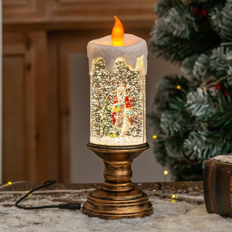 Decorațiune Luminoasă Lampă de Crăciun, Model Sfesnic cu Lumânare și Mos Craciun si Bradul,
