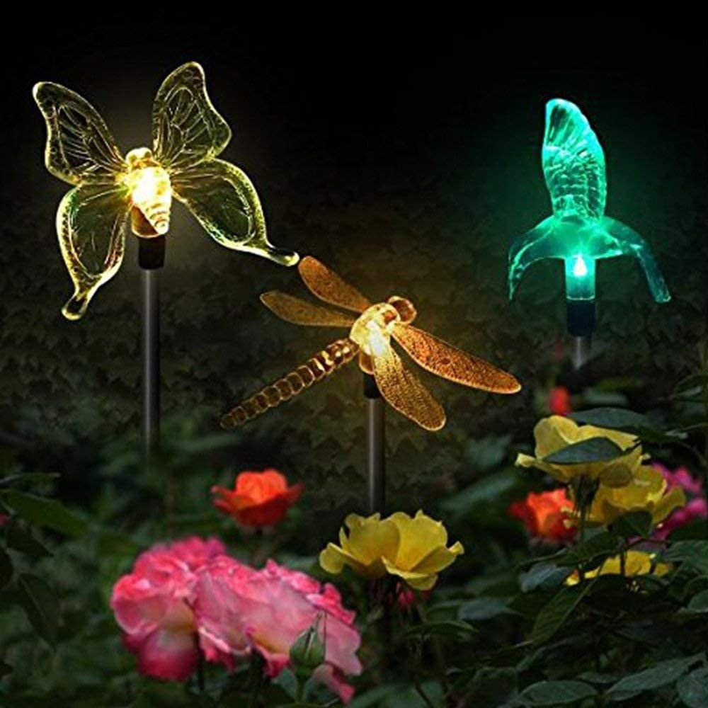 Set 3 lămpi solare led tip pasare-fluture-libelula, înălțime 43 cm- Multicolor