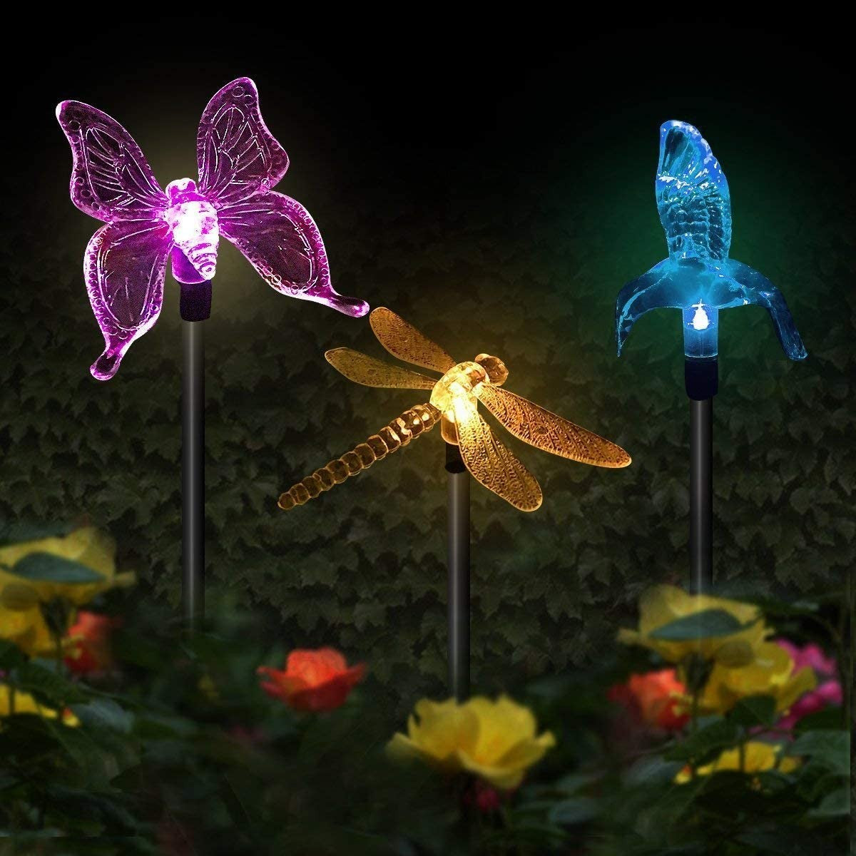 Set 3 lămpi solare led tip pasare-fluture-libelula, înălțime 43 cm- Multicolor