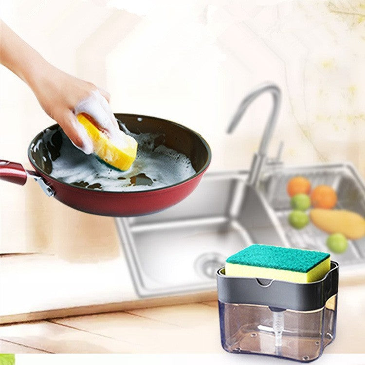Dispenser 2 in 1 pentru detergent lichid de vase sau pentru obiecte sanitare cu suport pentru burete de bucătărie