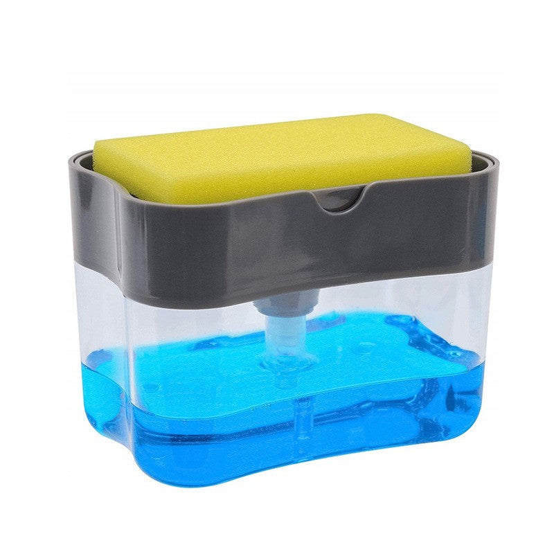 Dispenser 2 in 1 pentru detergent lichid de vase sau pentru obiecte sanitare cu suport pentru burete de bucătărie
