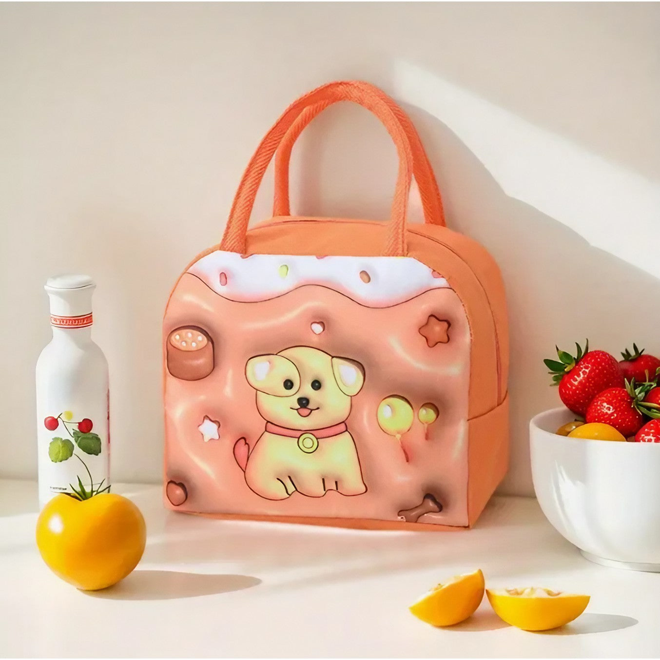 🐶 Geantă Frigorifică Copii MaisonElise, Model Cățeluș Maro 3D, 23x13x19 cm, Termoizolată, Pânză Oxford, Prânz & Picnic, Portabilă pentru Grădiniță și Școală