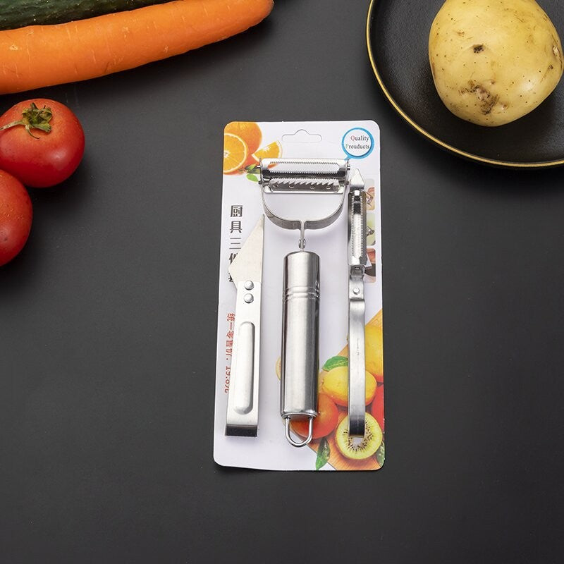 Set 3 piese de curățat/ decojit/ feliat/ tăiat legume si fructe din oțel inoxidabil