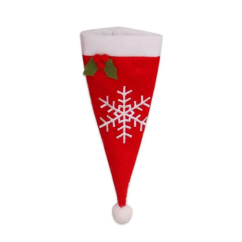 Husa Decorativă Festivă pentru 3 Tacâmuri, model Căciuliță Crăciun cu Fulg de Nea 18x7 cm, Roșu