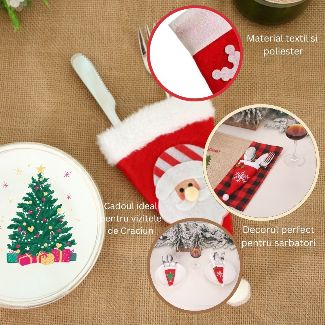 Husa Decorativă Festivă pentru 3 Tacâmuri, model Căciuliță Moș Crăciun 19x10 cm, Roșu
