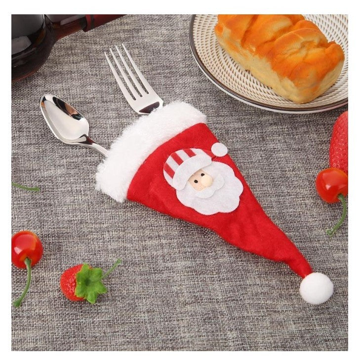 Husa Decorativă Festivă pentru 3 Tacâmuri, model Căciuliță Moș Crăciun 19x10 cm, Roșu