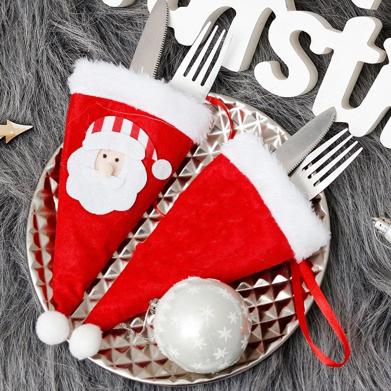 Husa Decorativă Festivă pentru 3 Tacâmuri, model Căciuliță Moș Crăciun 19x10 cm, Roșu