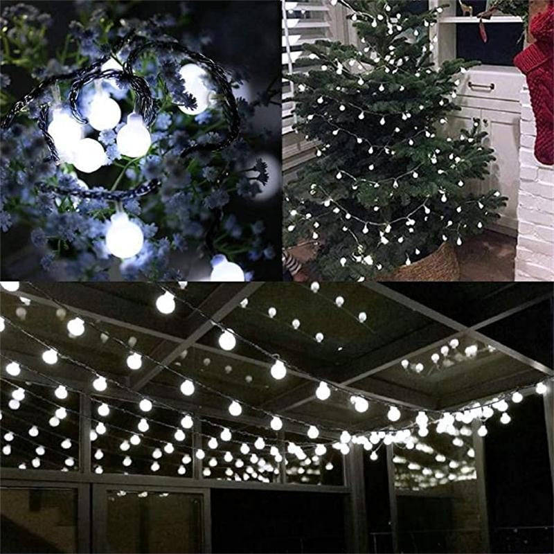 Instalatie de Craciun Solara, 12 m, 100 de LED-uri cu ornament tip Bulb, 8 jocuri de lumini, Lumina Alb Rece