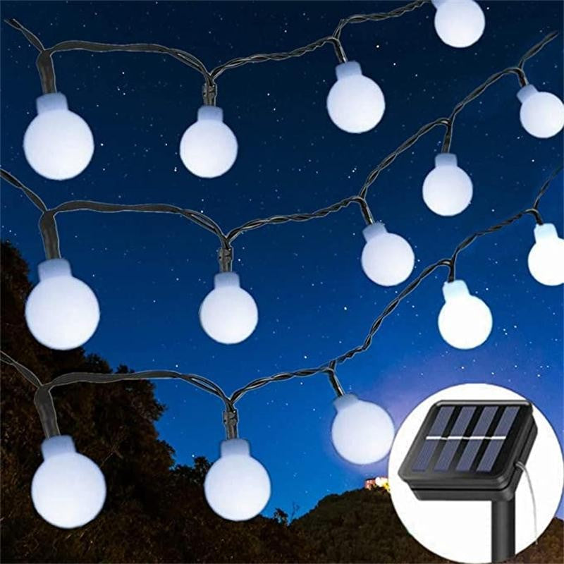 Instalatie de Craciun Solara, 12 m, 100 de LED-uri cu ornament tip Bulb, 8 jocuri de lumini, Lumina Alb Rece