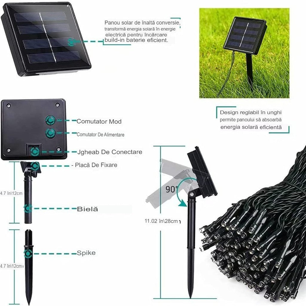 Instalație de Crăciun Solara, 32 metri, 300LED-uri, 8 jocuri de lumini, Lumina Multicolora