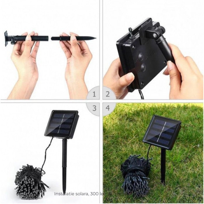 Instalație de Crăciun Solara, 32 metri, 300LED-uri, 8 jocuri de lumini, Lumina Multicolora