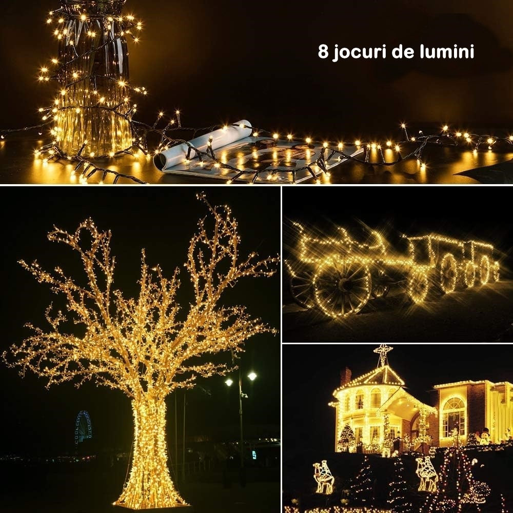Instalație de Crăciun Liniara 16m, 200 LED, 8 jocuri de lumini, Led in 6 colțuri, Lumina Alb Cald