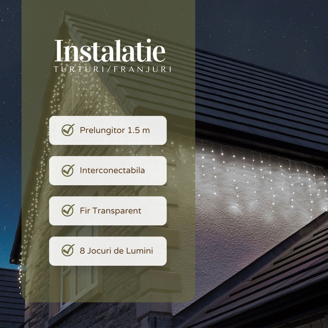 Instalație de Crăciun tip Franjuri/Turturi 12m , 300 LED-uri, 8 jocuri de lumini, INTERCONECTABILA, Lumina Alb Rece