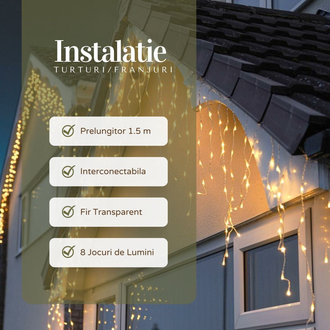 Instalație de Crăciun tip Franjuri/Turturi 12m , 300 LED-uri, 8 jocuri de lumini, INTERCONECTABILA, Lumina Alb Cald