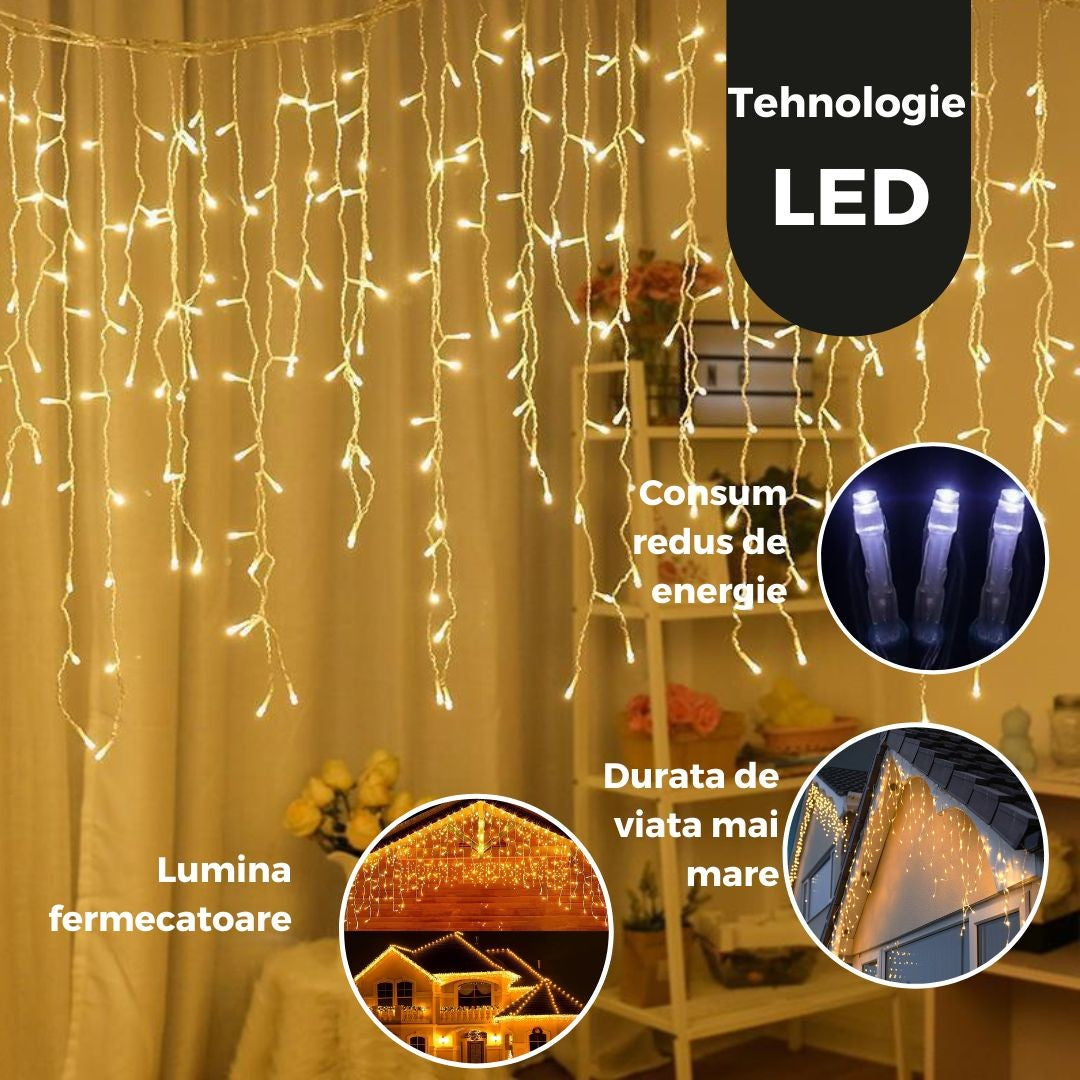 Instalație de Crăciun tip Franjuri/Turturi 12m , 300 LED-uri, 8 jocuri de lumini, INTERCONECTABILA, Lumina Alb Cald