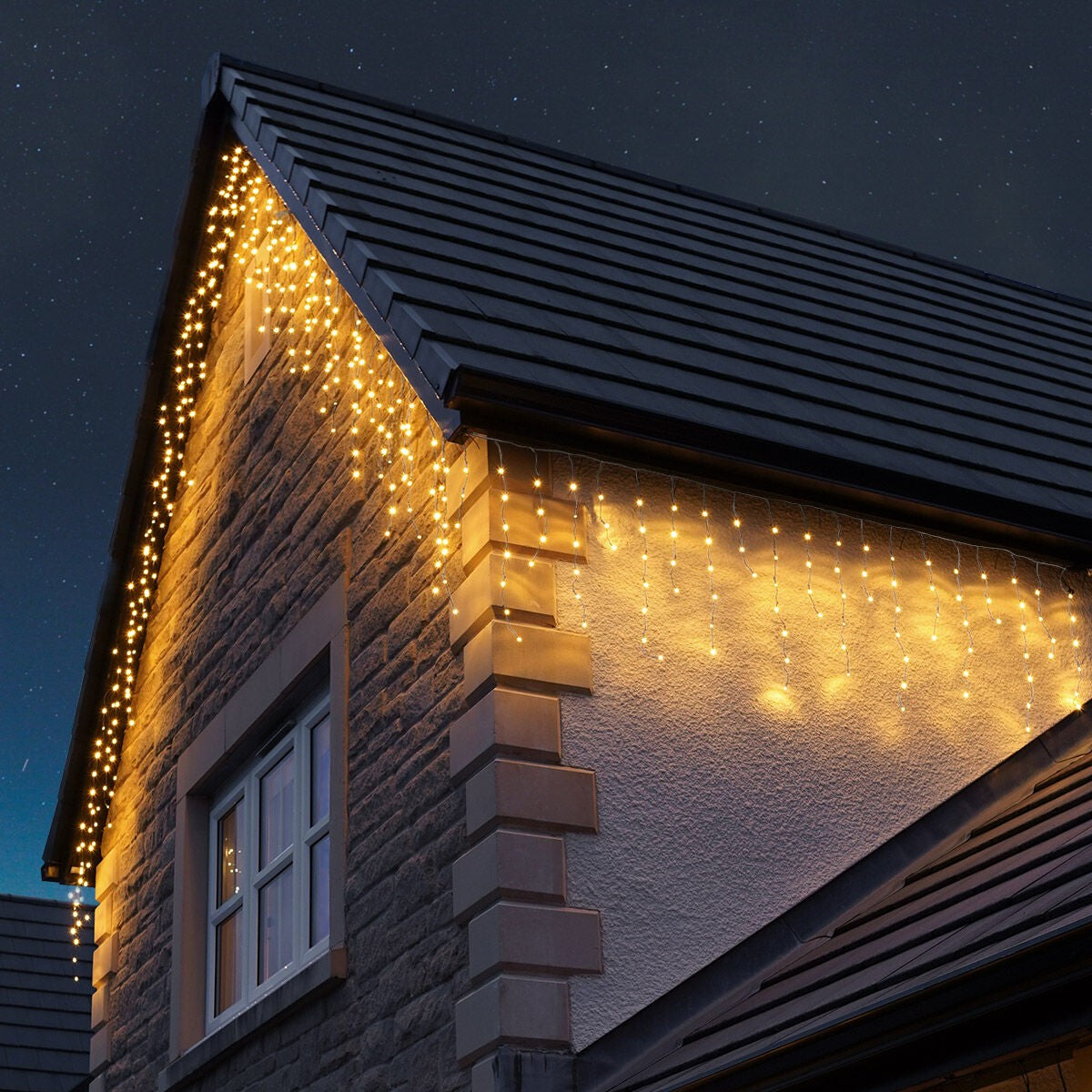 Instalație de Crăciun tip Franjuri/Turturi 12m , 300 LED-uri, 8 jocuri de lumini, INTERCONECTABILA, Lumina Alb Cald