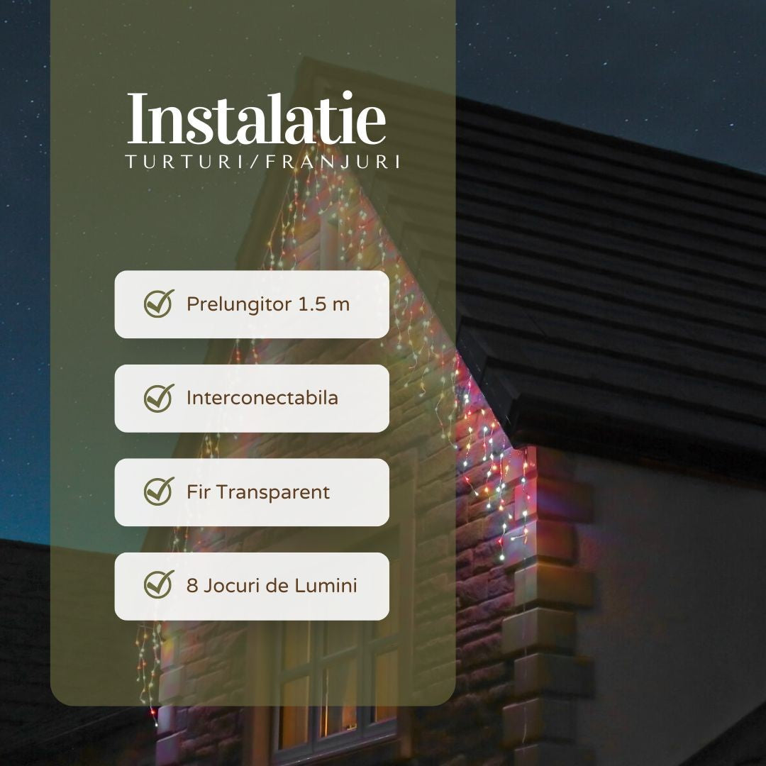 Instalație de Crăciun tip Franjuri/Turturi 4m , 120 LED-uri, 8 jocuri de lumini, INTERCONECTABILA, Lumina Multicolora