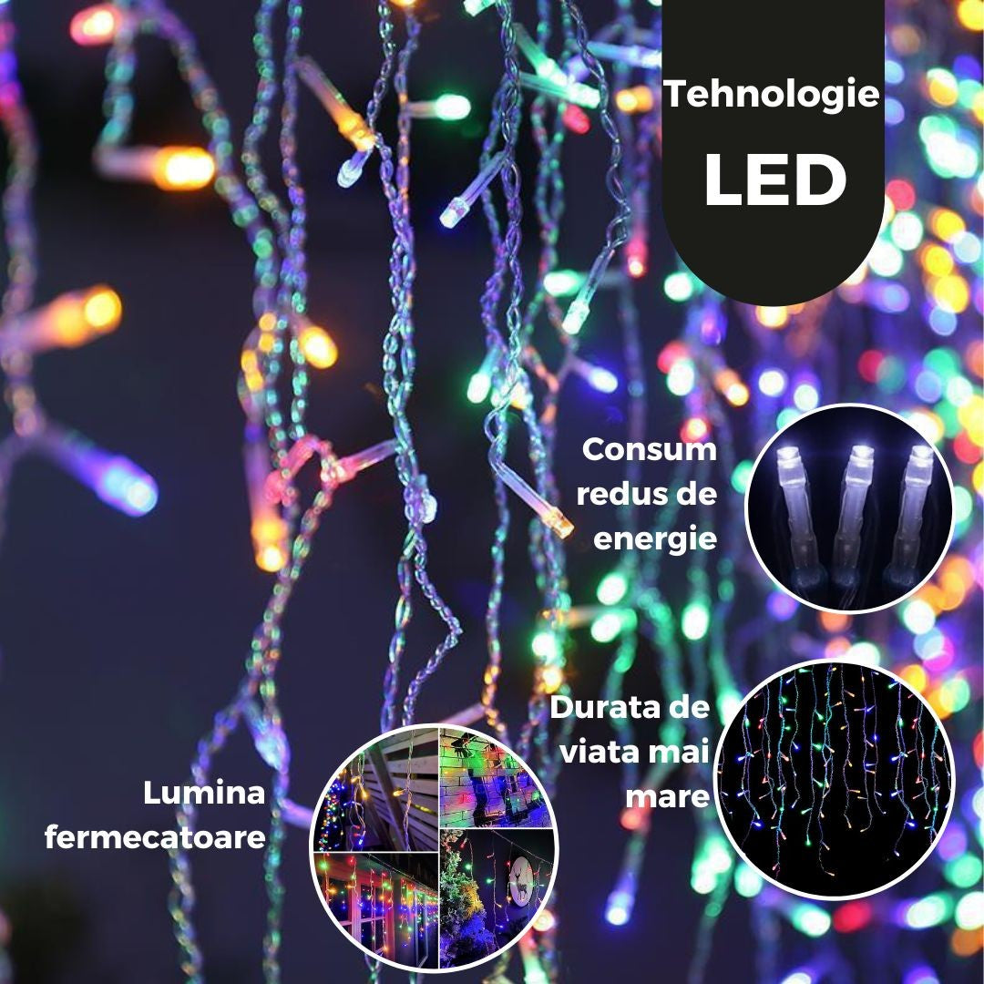 Instalație de Crăciun tip Franjuri/Turturi 7m , 200 LED-uri, 8 jocuri de lumini, INTERCONECTABILA, Lumina Multicolora